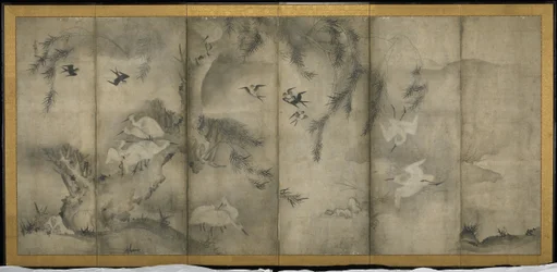 Willow, Egrets in Plum and Willow, Six-panel folding screen